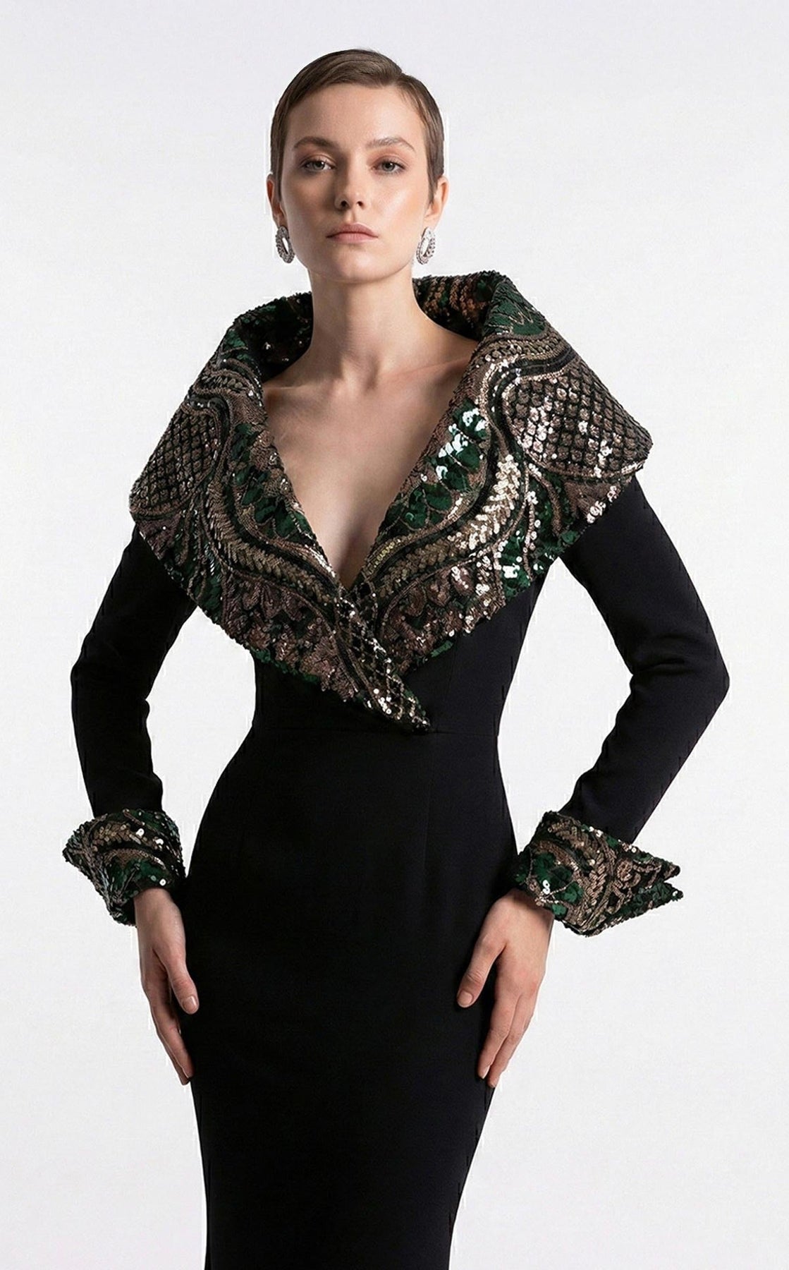 MNM COUTURE F03019 - Long Sleeve Shimmer Embellished Evening Gown