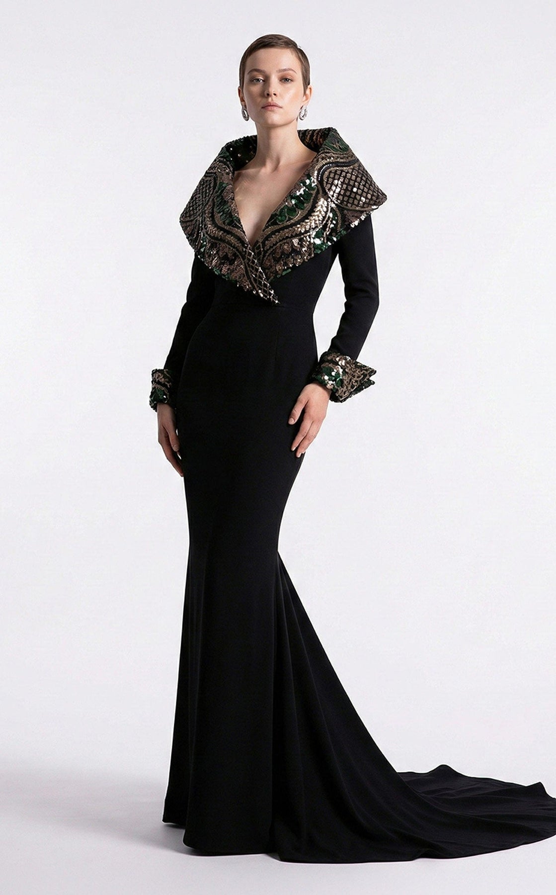 MNM COUTURE F03019 - Long Sleeve Shimmer Embellished Evening Gown