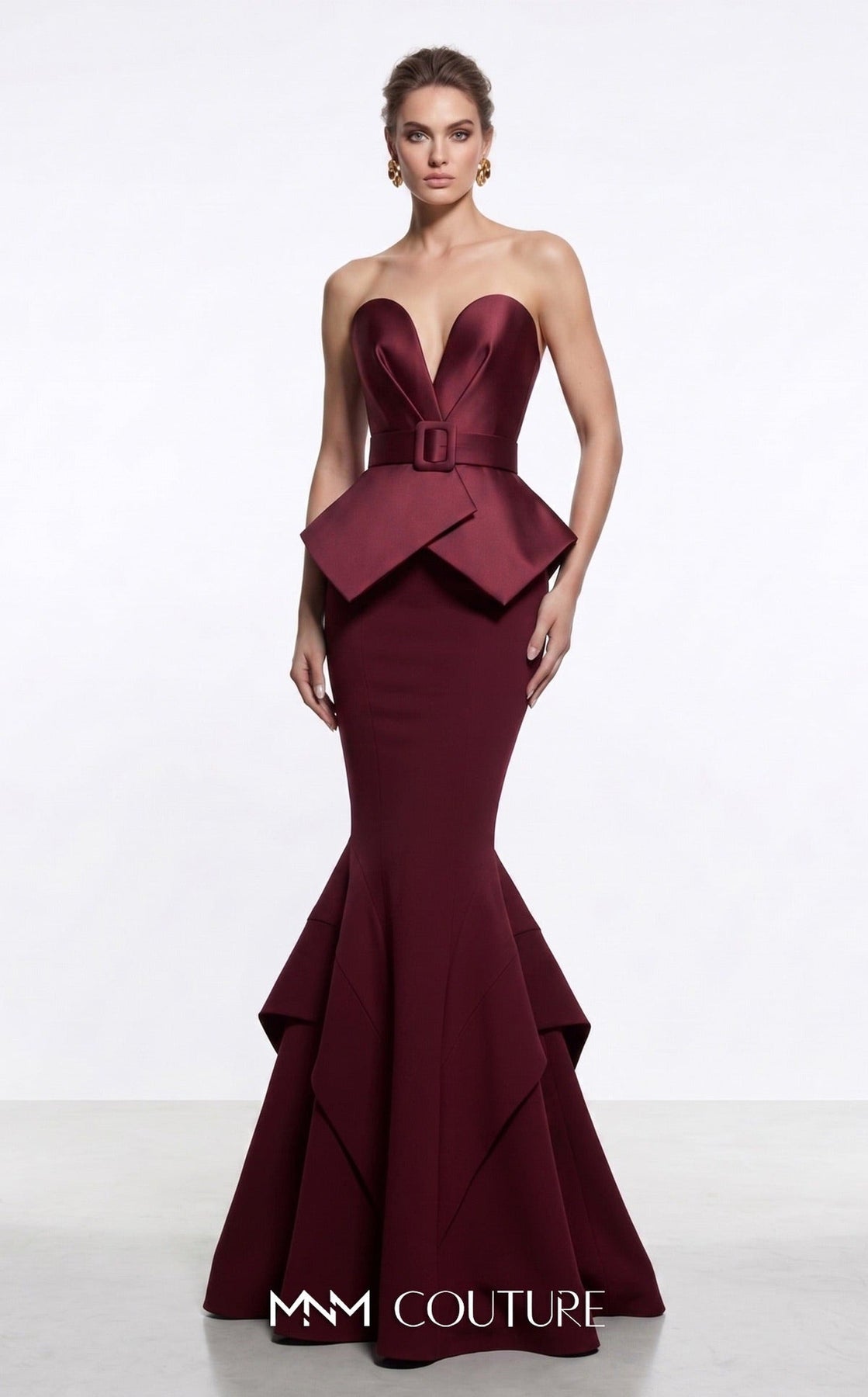 MNM COUTURE F03035A - Deep Sweetheart Peplum Evening Gown