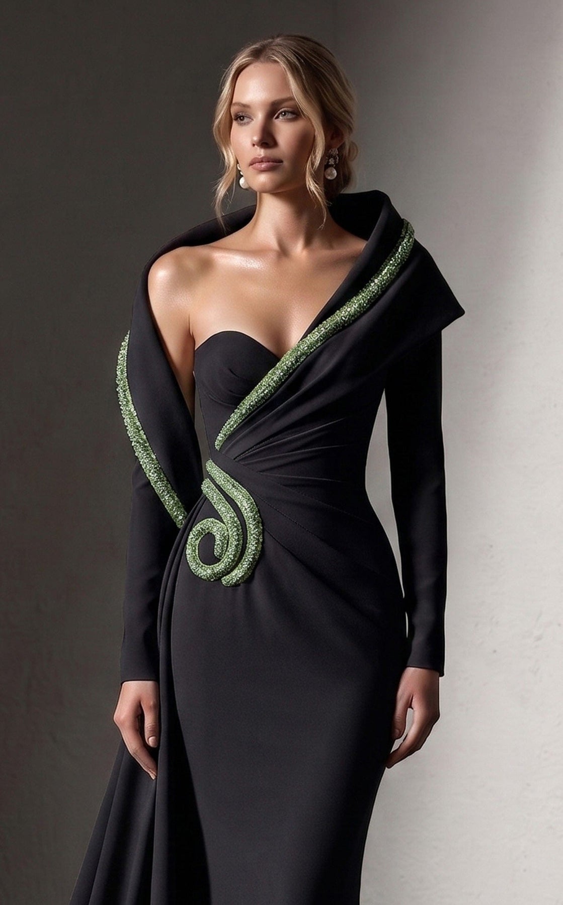 MNM COUTURE F03038 - Crystal Trim Long Sleeve Evening Gown