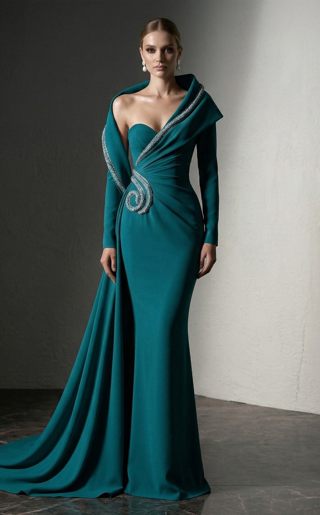 MNM COUTURE F03038 - Crystal Trim Long Sleeve Evening Gown