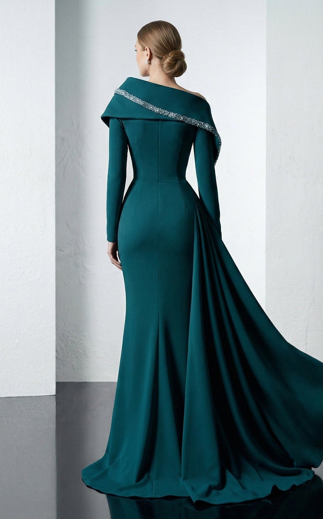 MNM COUTURE F03038 - Crystal Trim Long Sleeve Evening Gown