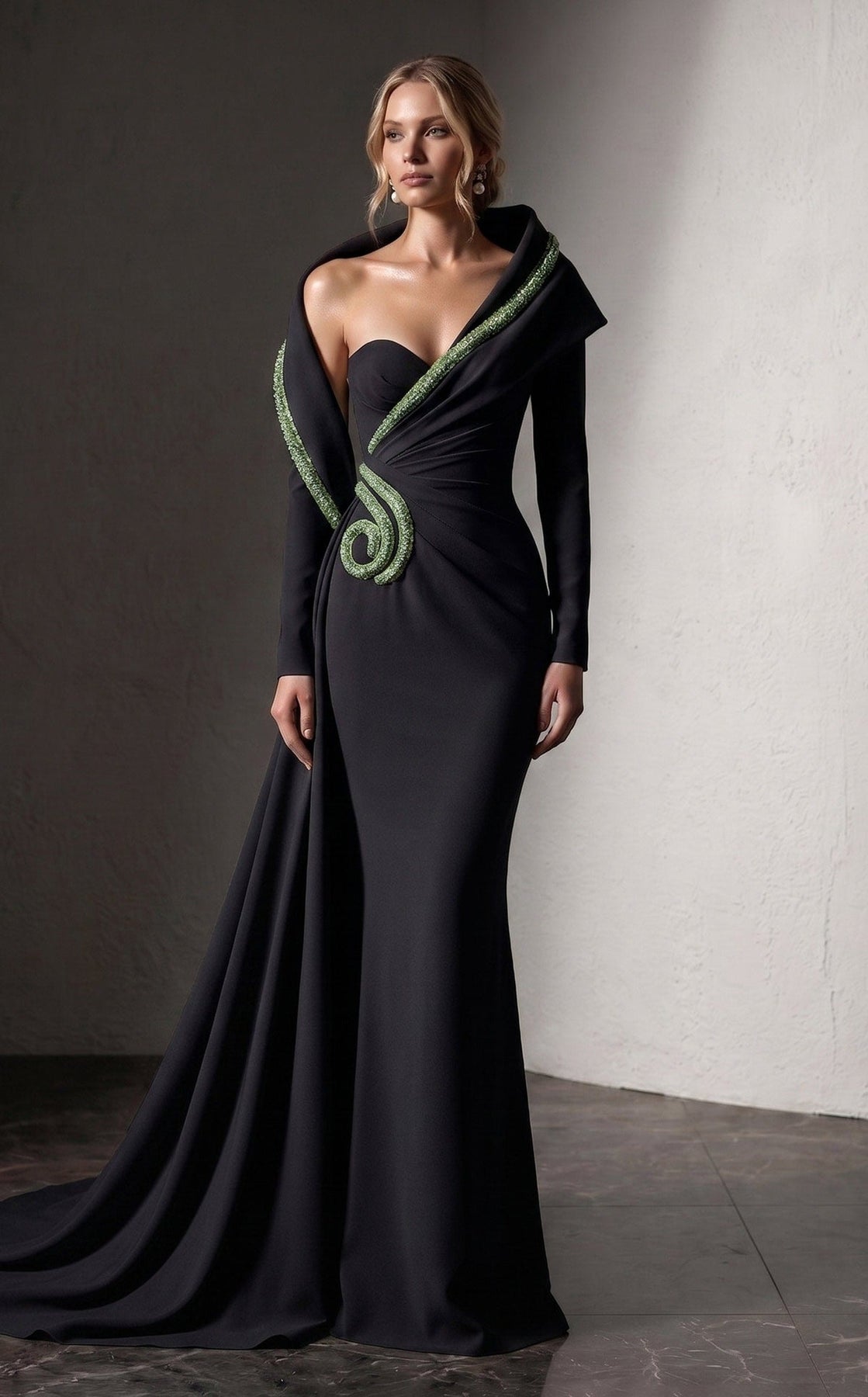 MNM COUTURE F03038 - Crystal Trim Long Sleeve Evening Gown