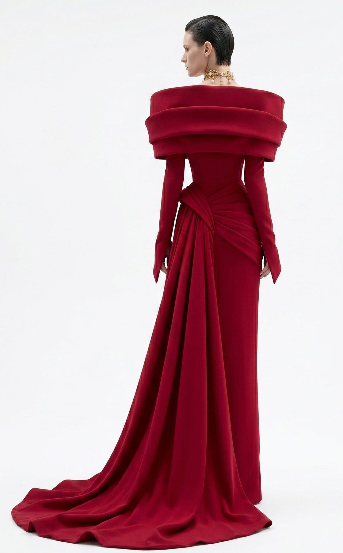 MNM COUTURE F03049 - Long Sleeve Side Overskirt Evening Gown