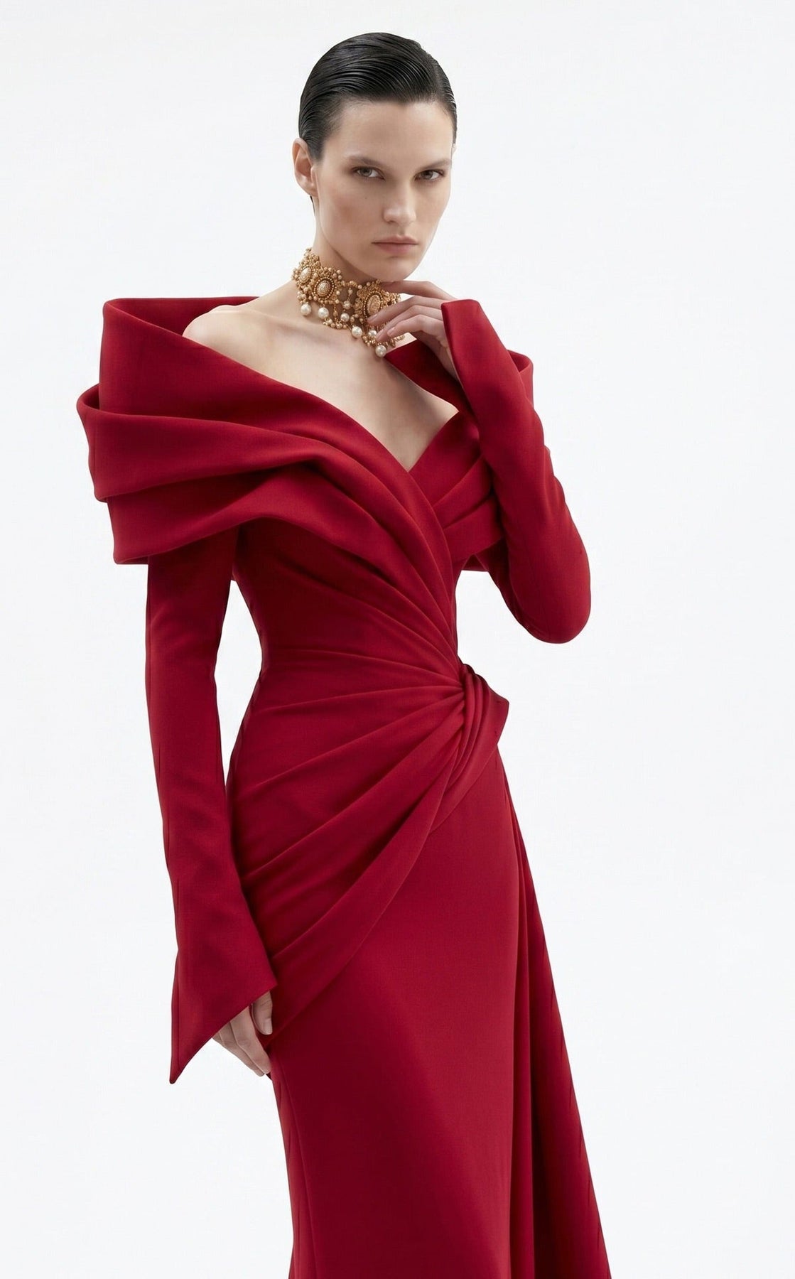 MNM COUTURE F03049 - Long Sleeve Side Overskirt Evening Gown