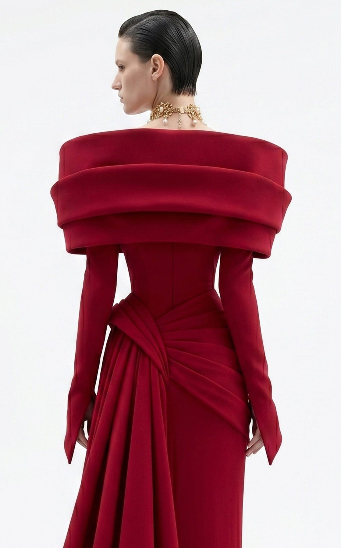 MNM COUTURE F03049 - Long Sleeve Side Overskirt Evening Gown