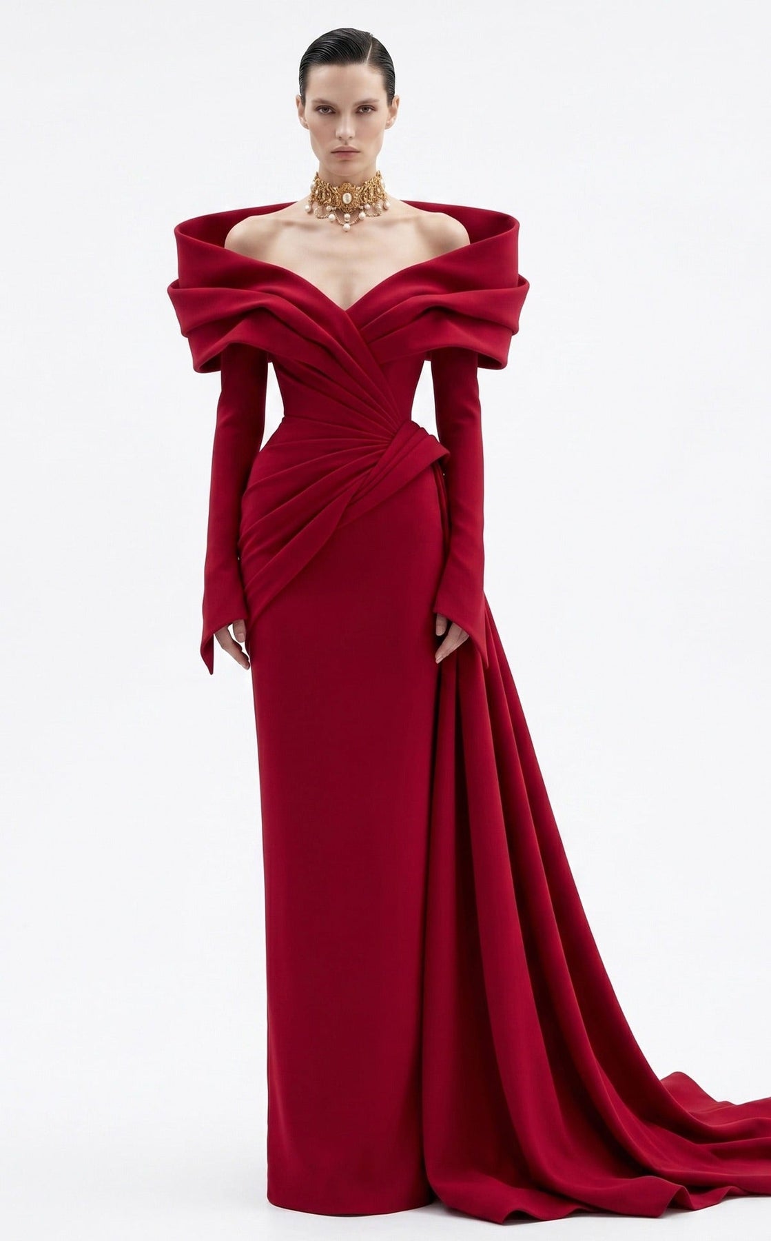 MNM COUTURE F03049 - Long Sleeve Side Overskirt Evening Gown
