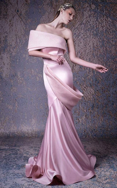 MNM COUTURE - G1038 One Off Shoulder Drape Accent Mermaid Gown Pageant Dresses 2 / Peach