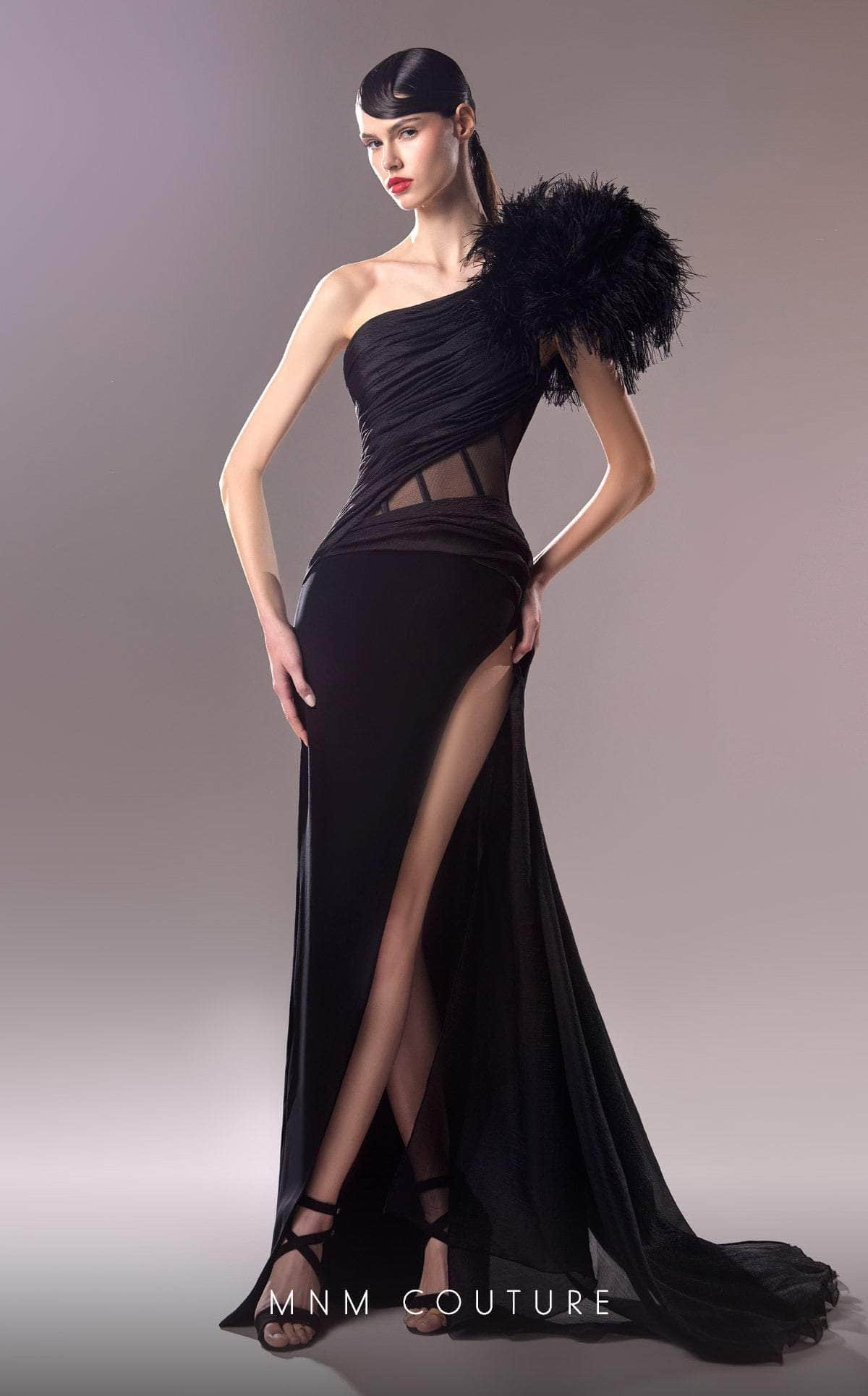 MNM Couture G1618 - One Shoulder Evening Gown with Slit Special Occasion Dresses 0 / Black