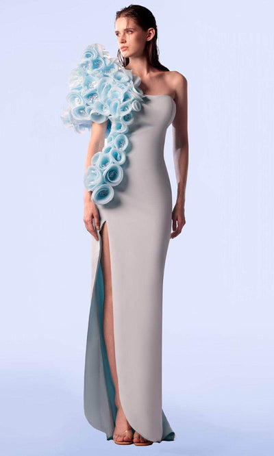 MNM Couture G1706 - Floral Appliqued High Slit Evening Gown Evening Dresses