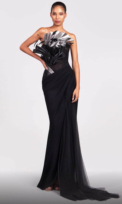 MNM Couture G1800 - Strapless Feather Detail Gown Prom Dresses 4 /  Black/Silver