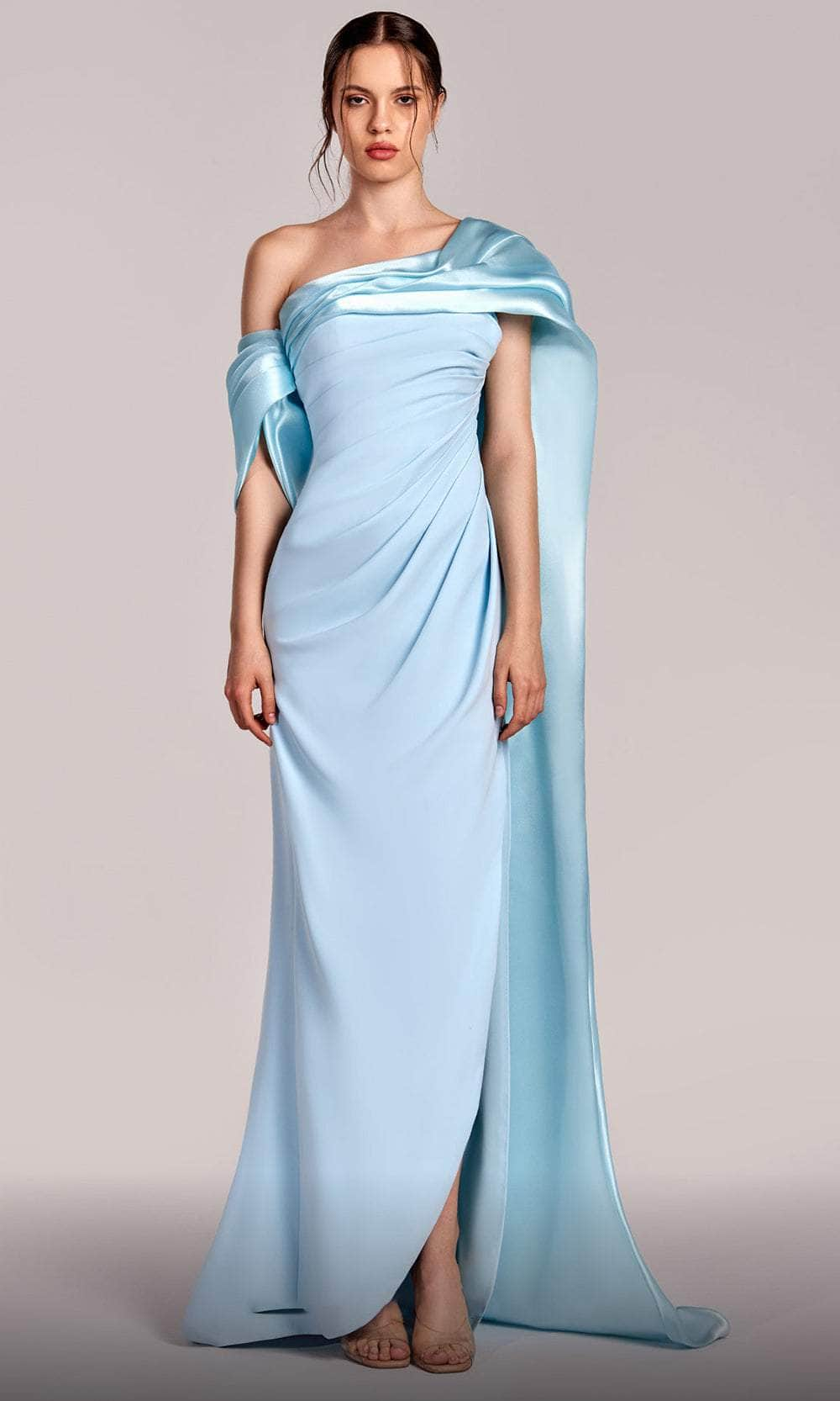 MNM Couture G1804 - Draped Detailed Gown with Slit Evening Dresses 4 /  Blue