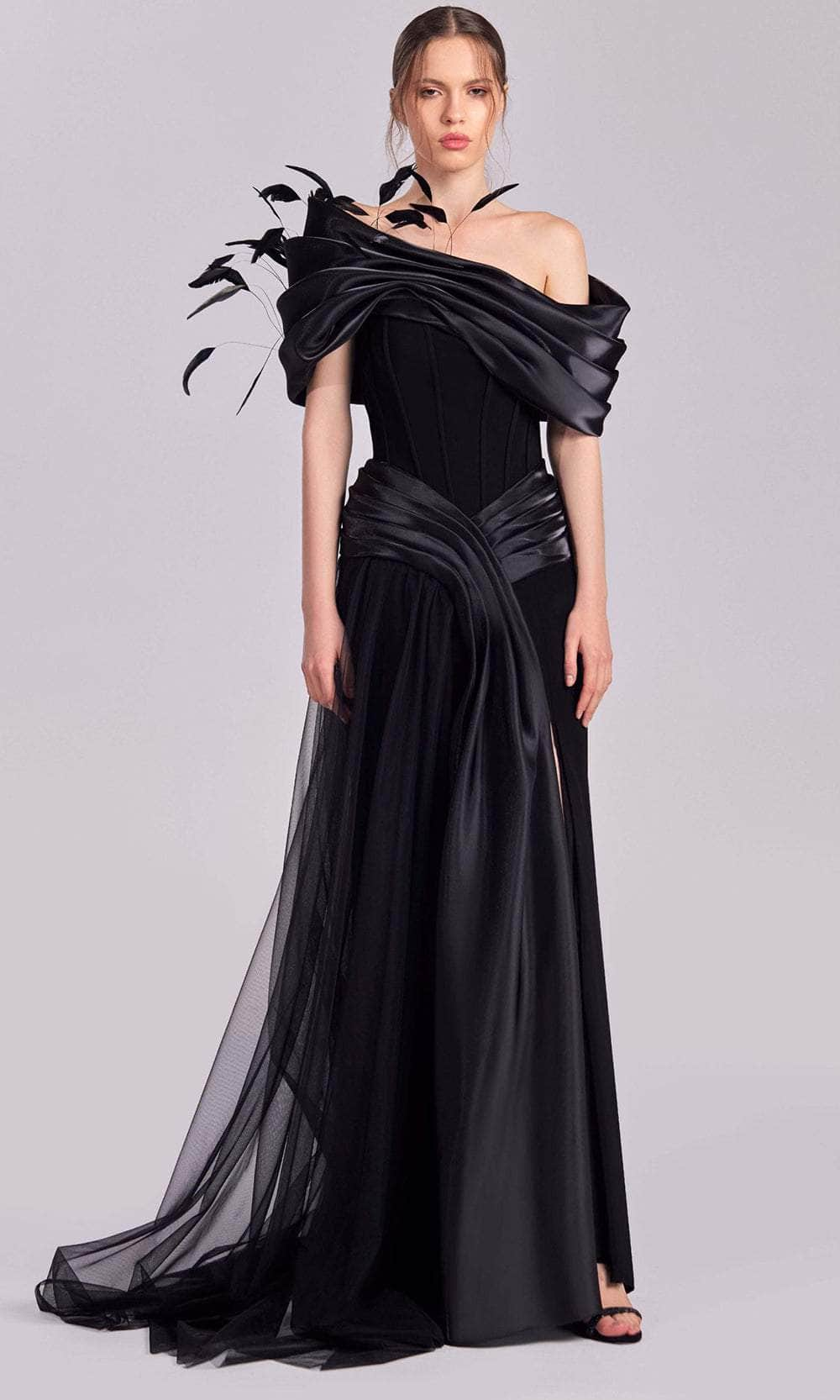 MNM Couture G1806 - Feathered Accent Corset Evening Gown Evening Dresses 4 /  Black