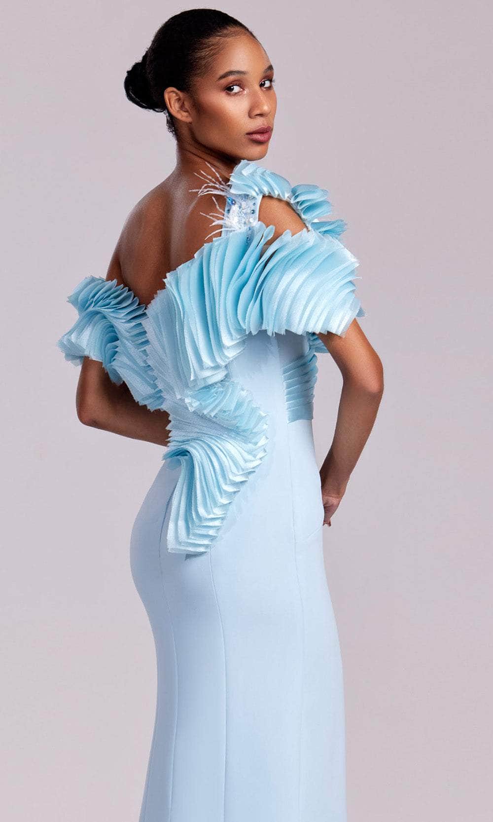 MNM Couture G1807 - Long Organza Sheath Dress - Pleated Ruffle Bodice, Beaded Applique, Feather Accents, High Slit, Mid-Open Back, Fitted ADASA MNM Couture G1807 - Long Organza Sheath Dress - Pleated Ruffle Bodice, Beaded Applique, Feather Accents, High Slit, Mid-Open Back, Fitted ADASA