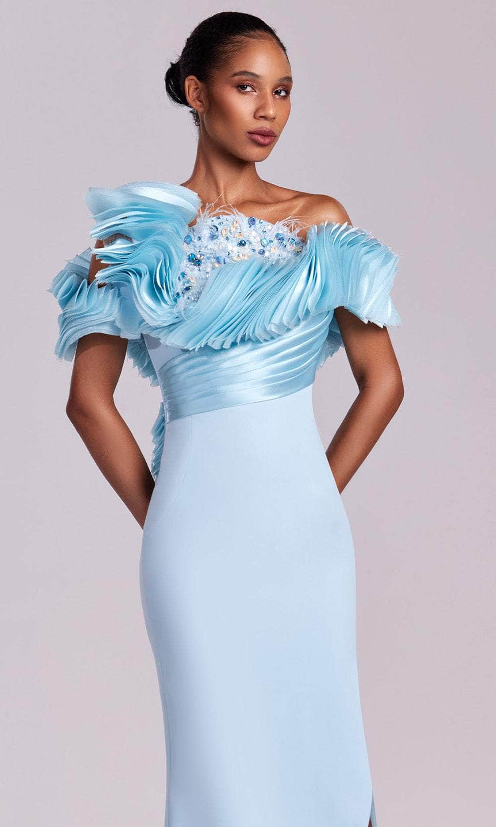 MNM Couture G1807 - Long Organza Sheath Dress - Pleated Ruffle Bodice, Beaded Applique, Feather Accents, High Slit, Mid-Open Back, Fitted ADASA MNM Couture G1807 - Long Organza Sheath Dress - Pleated Ruffle Bodice, Beaded Applique, Feather Accents, High Slit, Mid-Open Back, Fitted ADASA