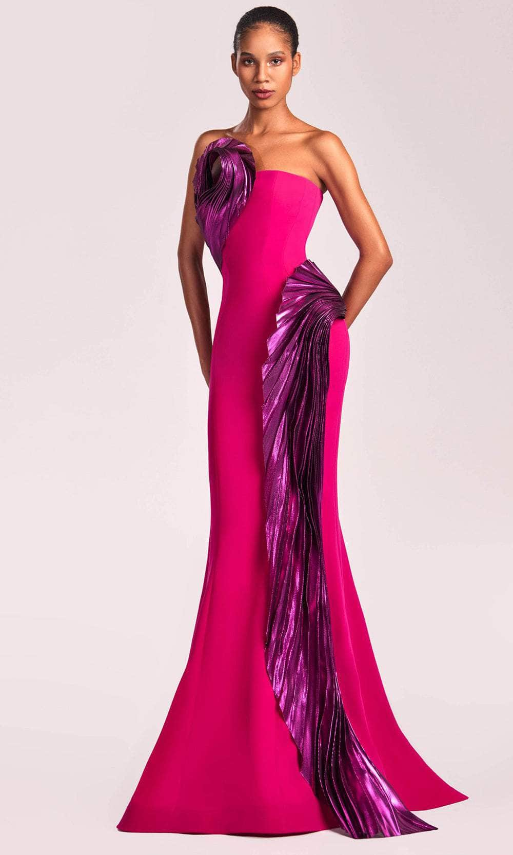 MNM Couture G1838 - Strapless Metallic Swirls Evening Gown Evening Dresses 4 /  Fuchsia