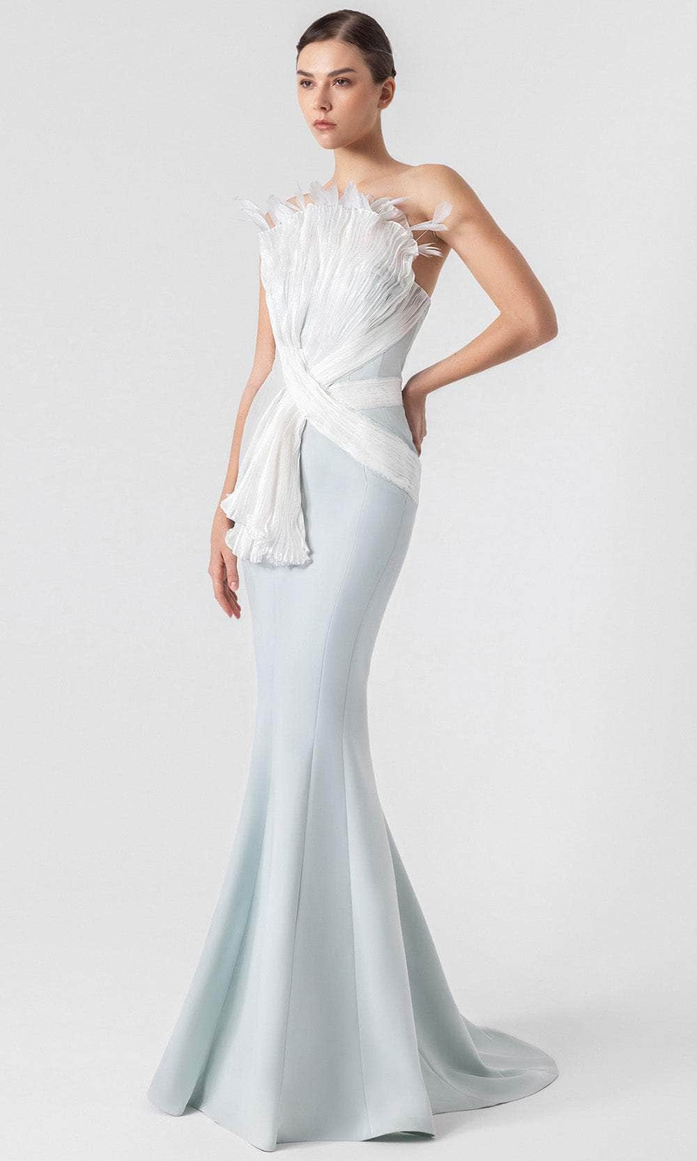 MNM Couture G1904 - Feather Accent Strapless Long Gown Prom Dresses