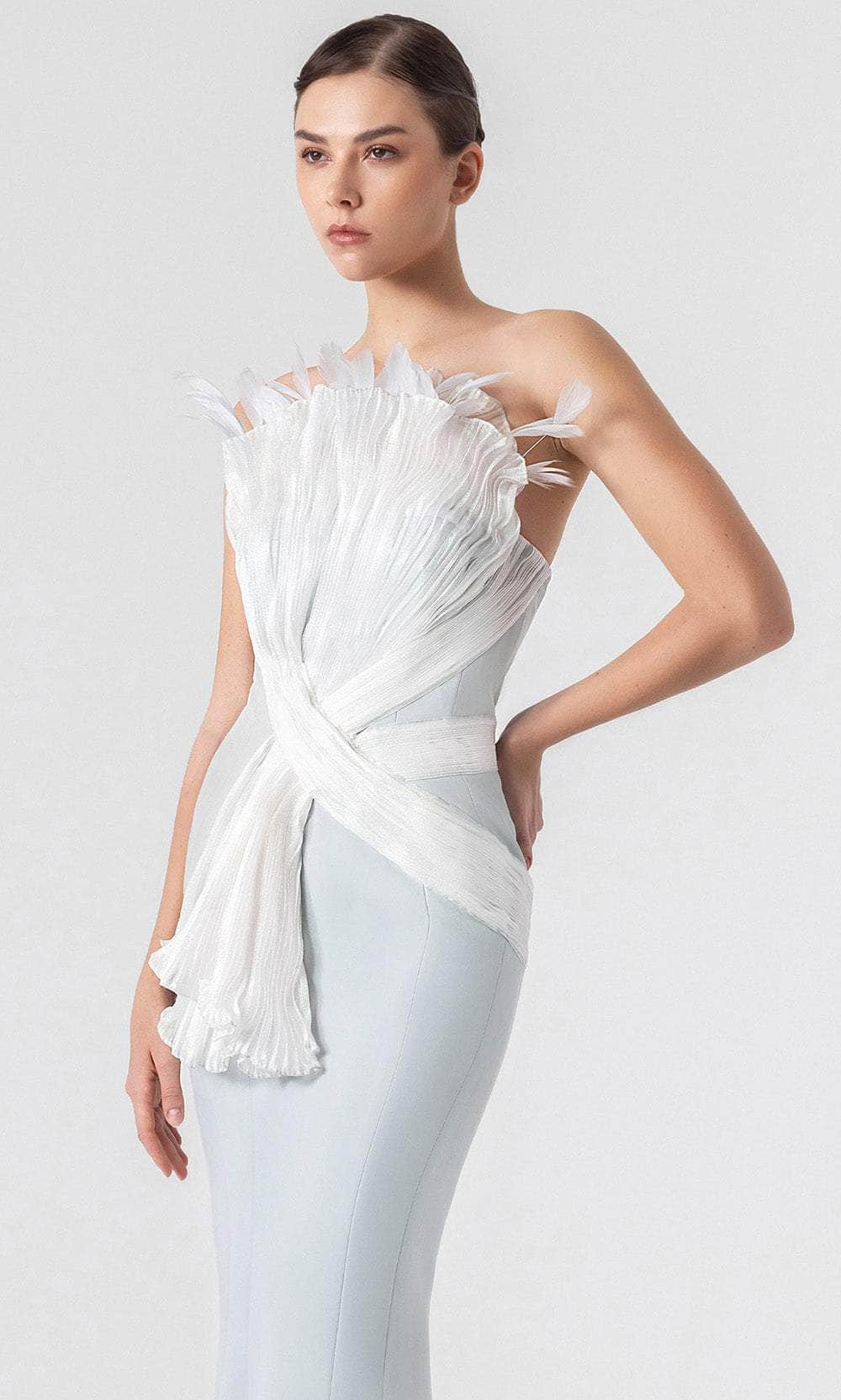 MNM Couture G1904 - Feather Accent Strapless Long Gown Prom Dresses