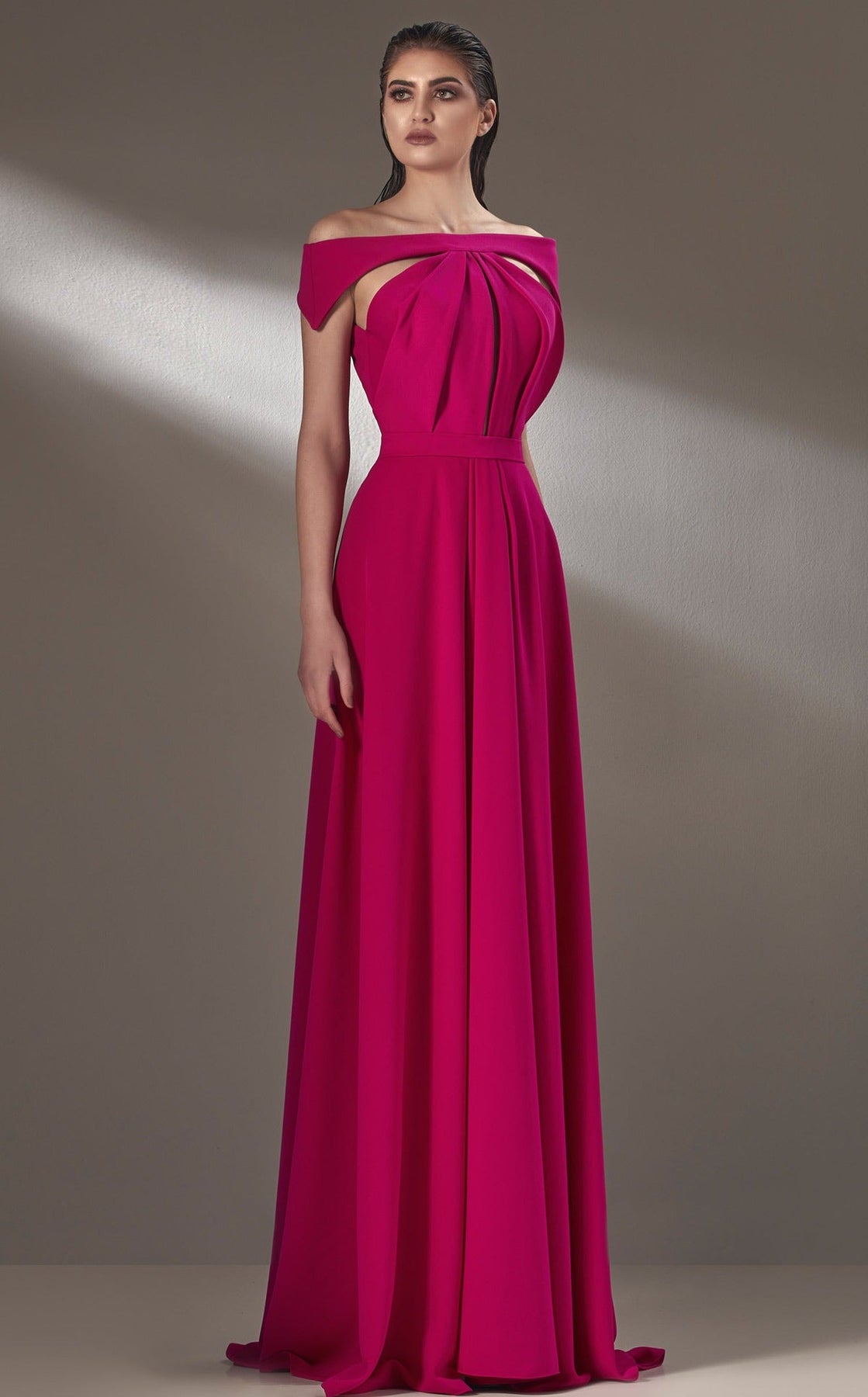 MNM COUTURE K3894 - Off Shoulder Pleated Bodice Crepe Evening Gown