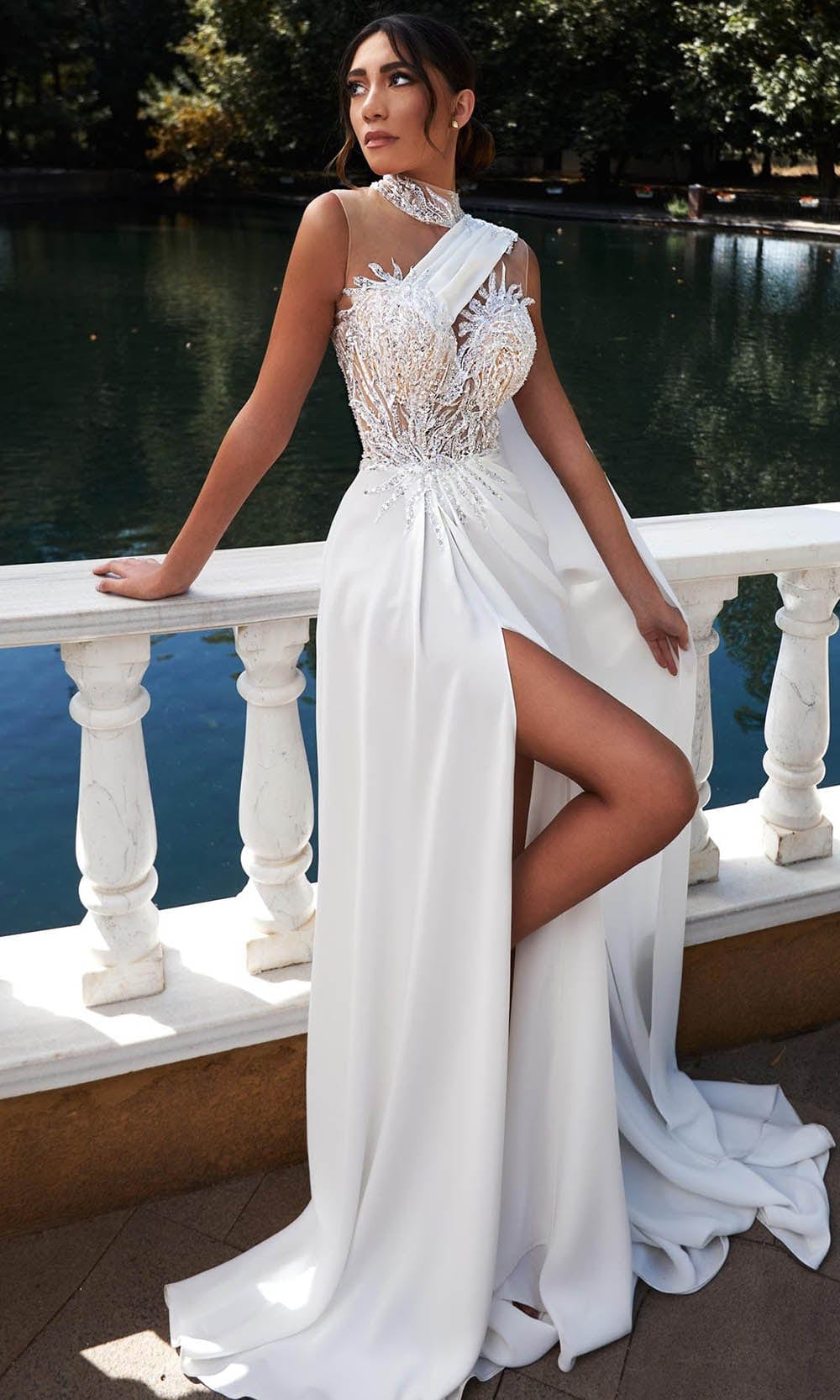 MNM Couture K3938 - Beaded Choker A Line Dress Prom Dresses 0 / White