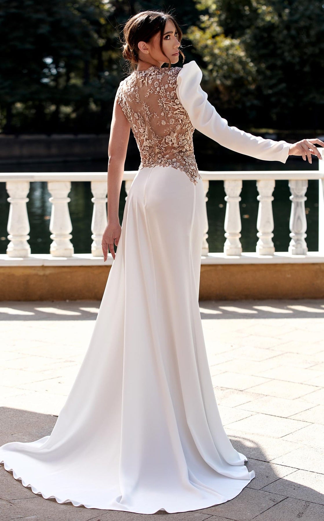MNM COUTURE K3939 - One Sleeved Embroidered Crepe Evening Gown