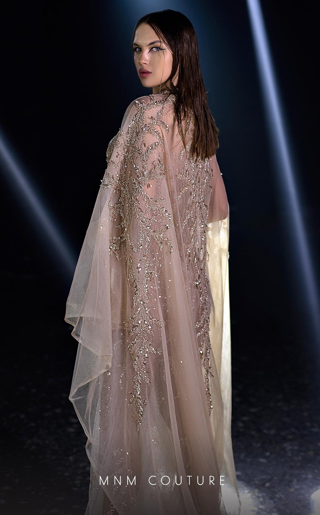 MNM COUTURE K3960 - Cape Train Embellished Column Evening Gown
