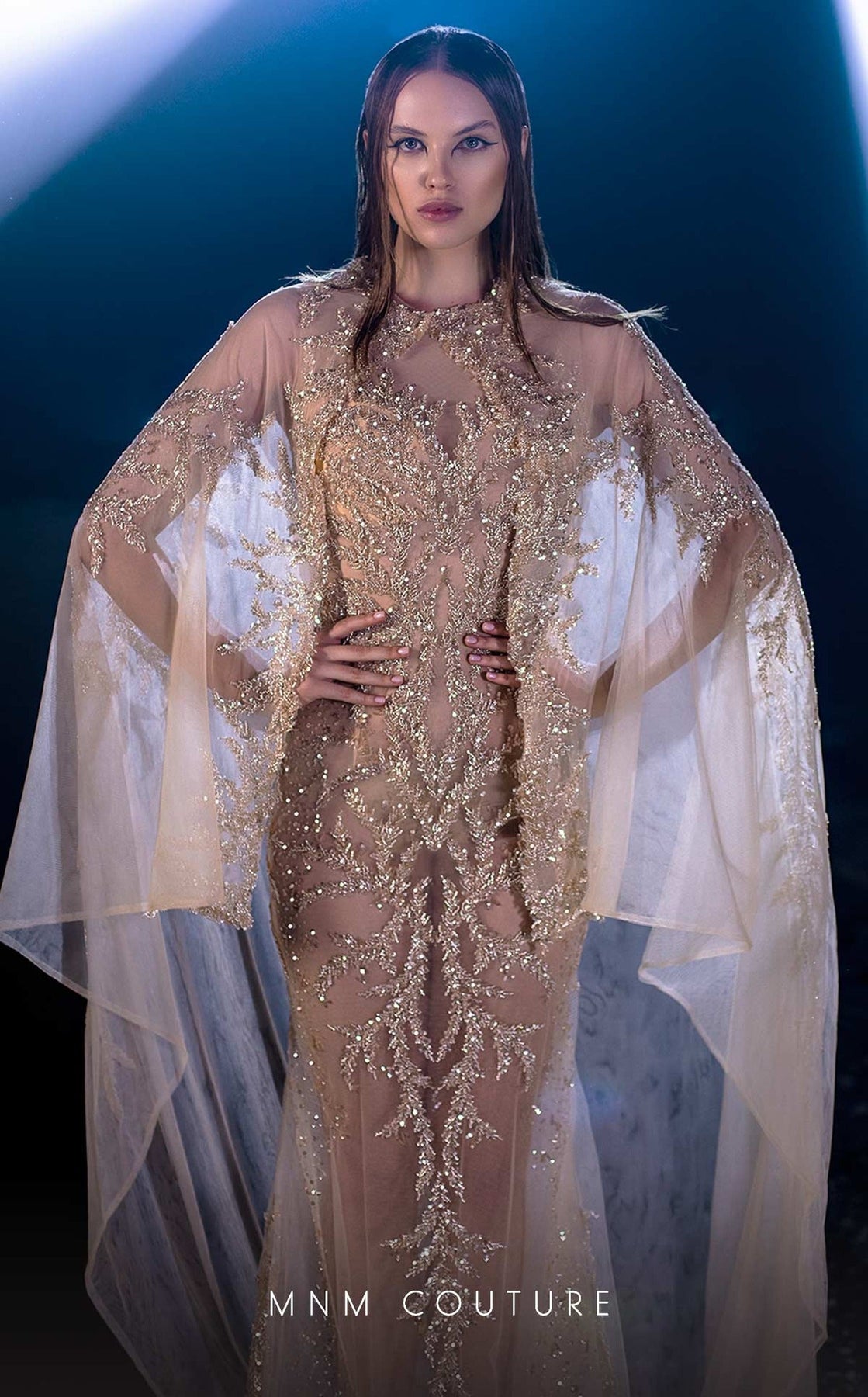MNM COUTURE K3960 - Cape Train Embellished Column Evening Gown