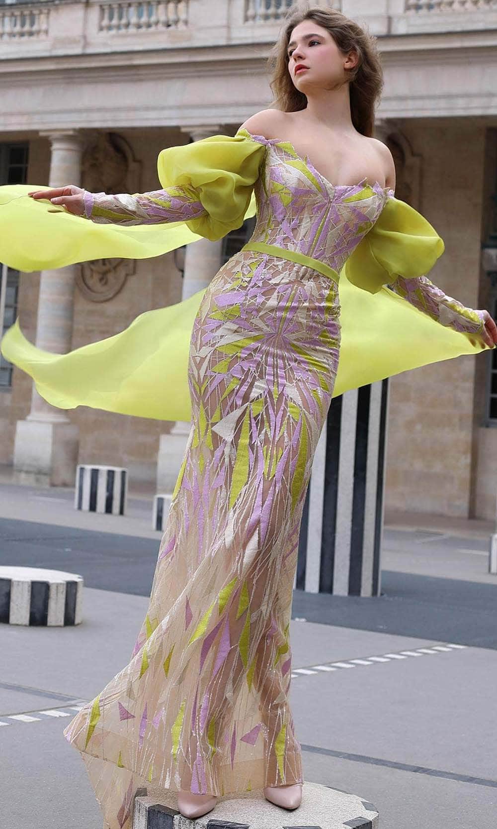 MNM COUTURE K4076 - Off Shoulder Evening Gown with Cape Special Occasion Dress 0 / Beige