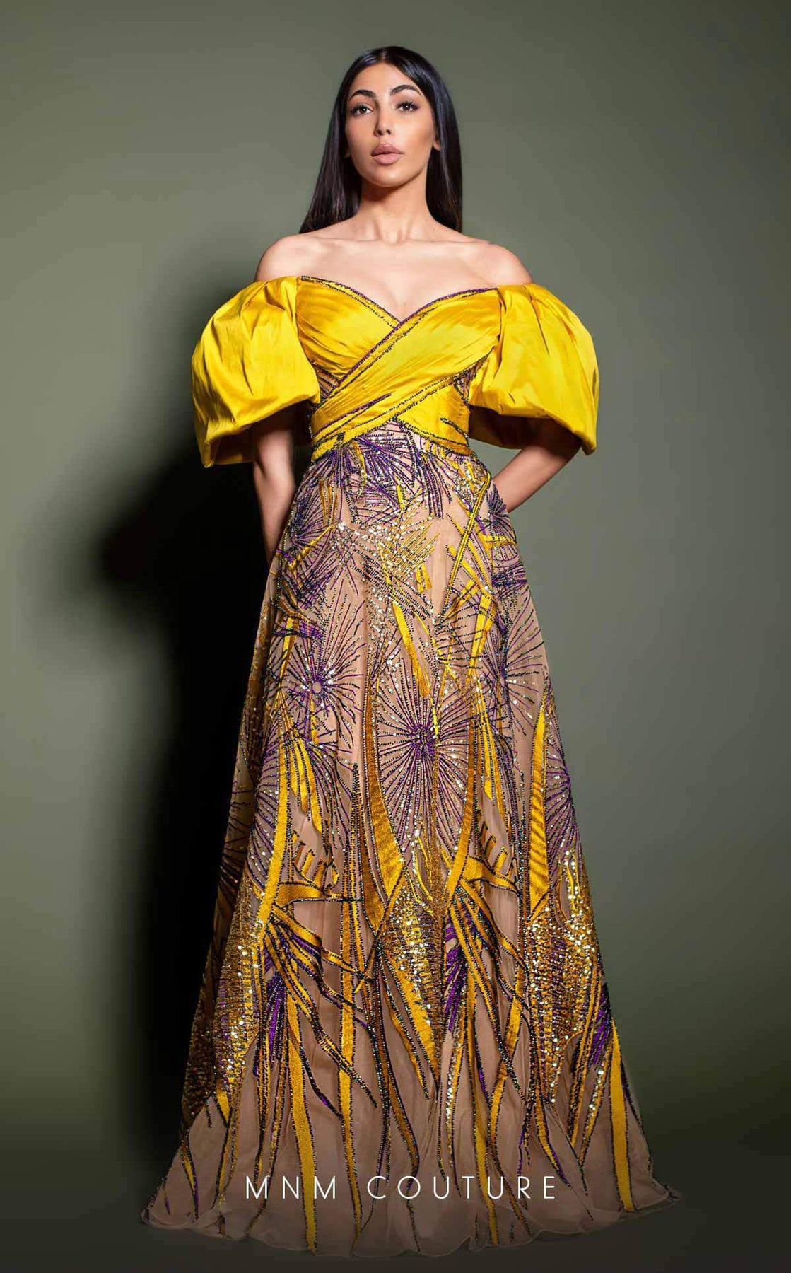 MNM Couture K4189 - Long A-Line Dress - Oversized Puff Sleeves, V- Cross Bodice, Beaded Overlaid Skirt, Sweep Train ADASA MNM Couture K4189 - Long A-Line Dress - Oversized Puff Sleeves, V- Cross Bodice, Beaded Overlaid Skirt, Sweep Train ADASA