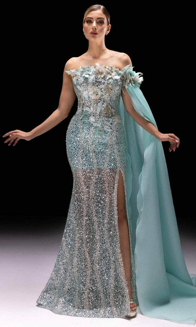MNM Couture K4221 - Straight Neckline Applique Dress with Slit Evening Dresses