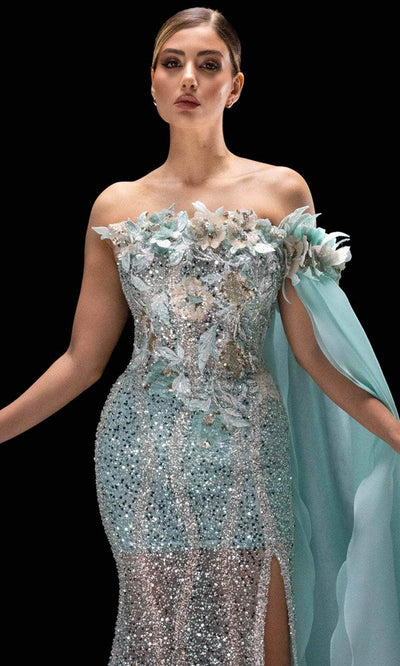 MNM Couture K4221 - Straight Neckline Applique Dress with Slit Evening Dresses
