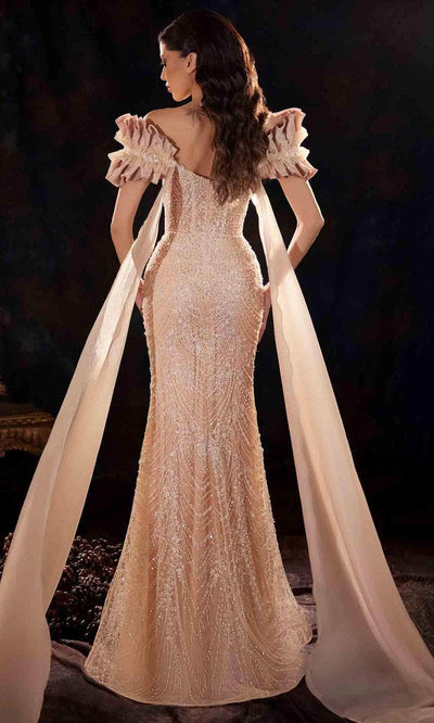 MNM Couture K4254 - Draped Cape Beaded Evening Gown Evening Dresses