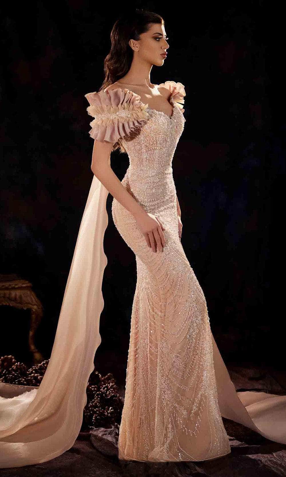 MNM Couture K4254 - Draped Cape Beaded Evening Gown Evening Dresses