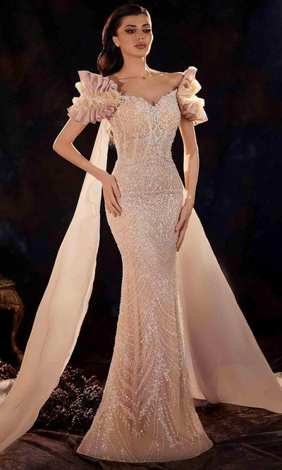 MNM Couture K4254 - Draped Cape Beaded Evening Gown Evening Dresses