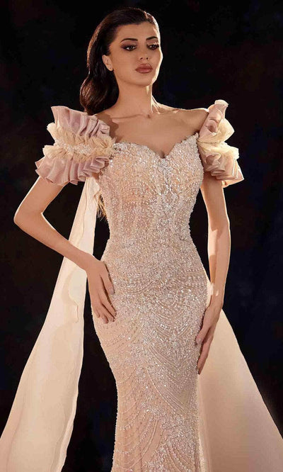 MNM Couture K4254 - Draped Cape Beaded Evening Gown Evening Dresses