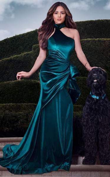 MNM COUTURE - L0038 Asymmetrical Choker-Style Wrap Velvet Gown Special Occasion Dress XS / Green