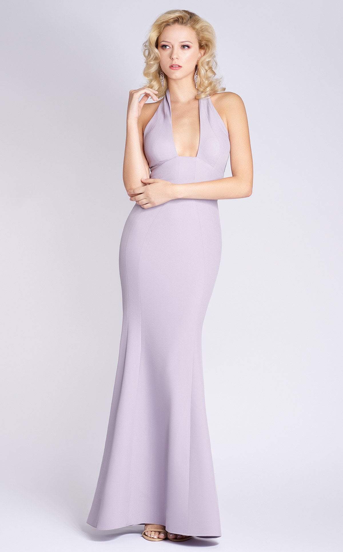 MNM COUTURE - M0004 Halter Neckline Crepe Mermaid Long Dress Special Occasion Dress 0 / Grey