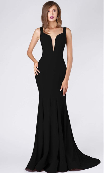 MNM COUTURE - M0008 Illusion V Neck Crepe Trumpet Evening Gown Special Occasion Dress 0 / Black