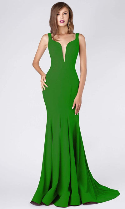 MNM COUTURE - M0008 Illusion V Neck Crepe Trumpet Evening Gown Special Occasion Dress 0 / Green