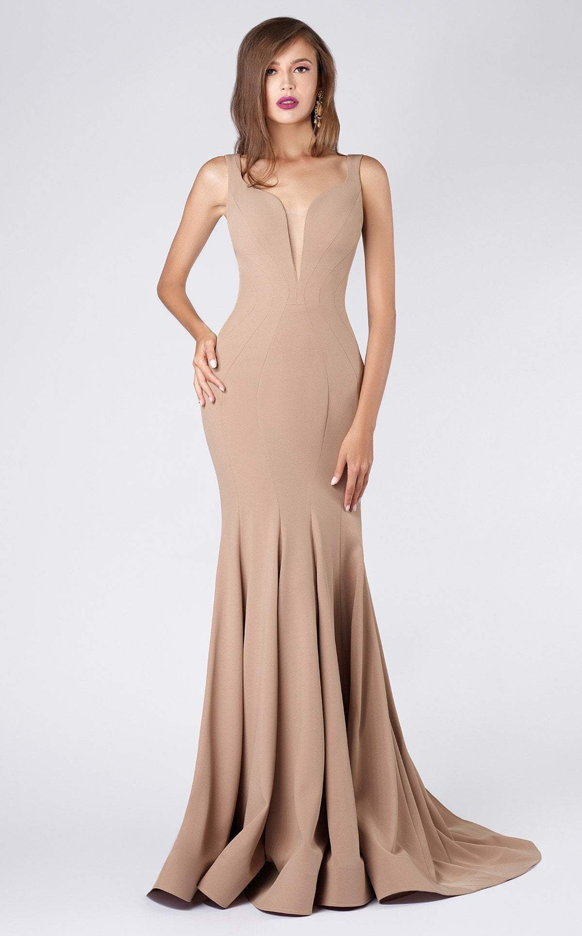 MNM COUTURE - M0008 Illusion V Neck Crepe Trumpet Evening Gown Special Occasion Dress 0 / Mocha