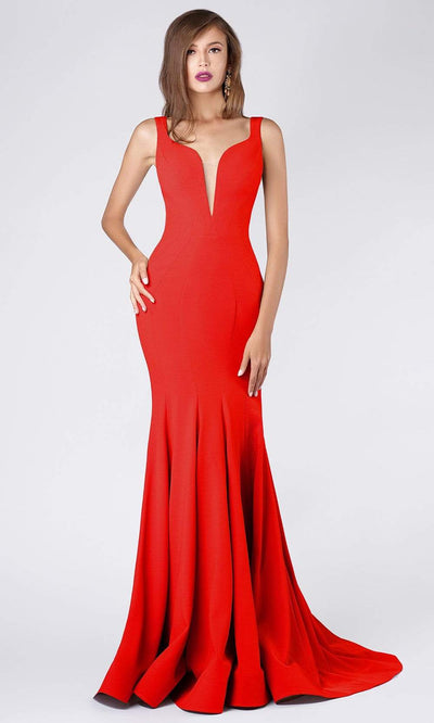MNM COUTURE - M0008 Illusion V Neck Crepe Trumpet Evening Gown Special Occasion Dress 0 / Red
