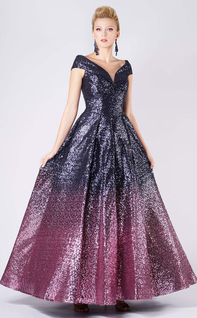 MNM COUTURE - M0009 Allover Sequin Ombre A-Line Evening Gown Special Occasion Dress 0 / Navy/Fuchsia