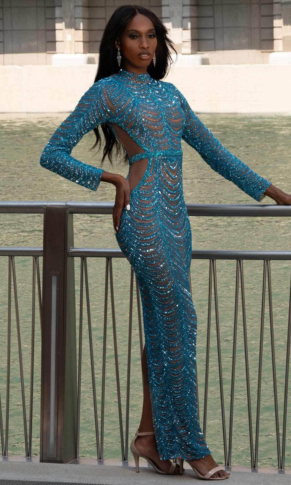 MNM Couture M1125 - Long Sleeve Sparkling Sheath Dress Evening Dresses