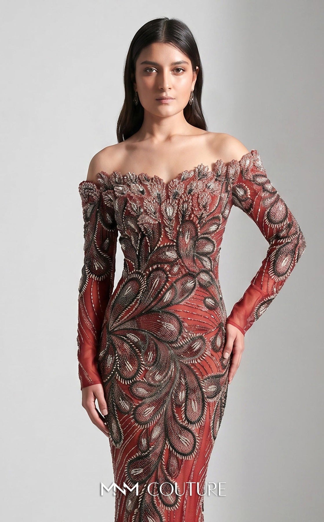 MNM COUTURE M1316 - Long Sleeve Off Shoulder Evening Gown