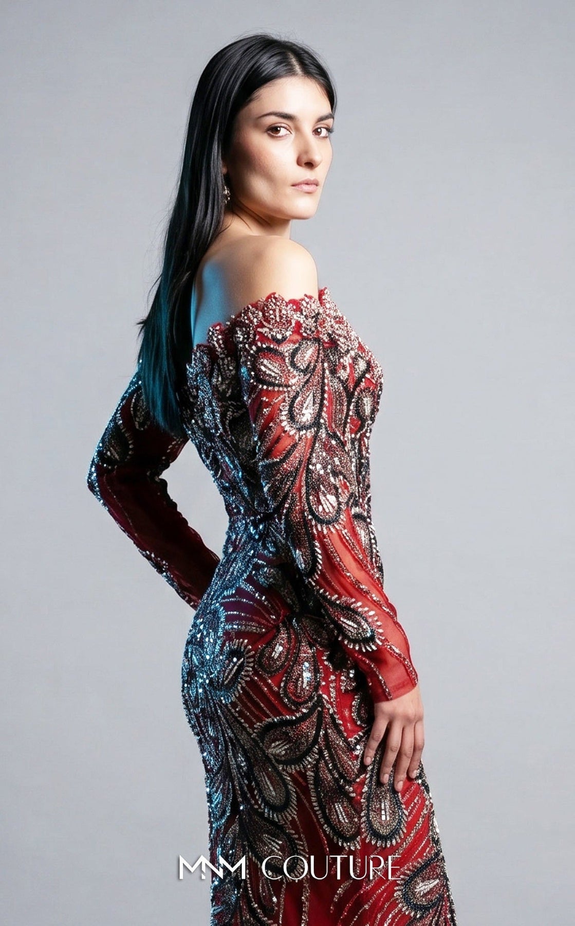 MNM COUTURE M1316 - Long Sleeve Off Shoulder Evening Gown