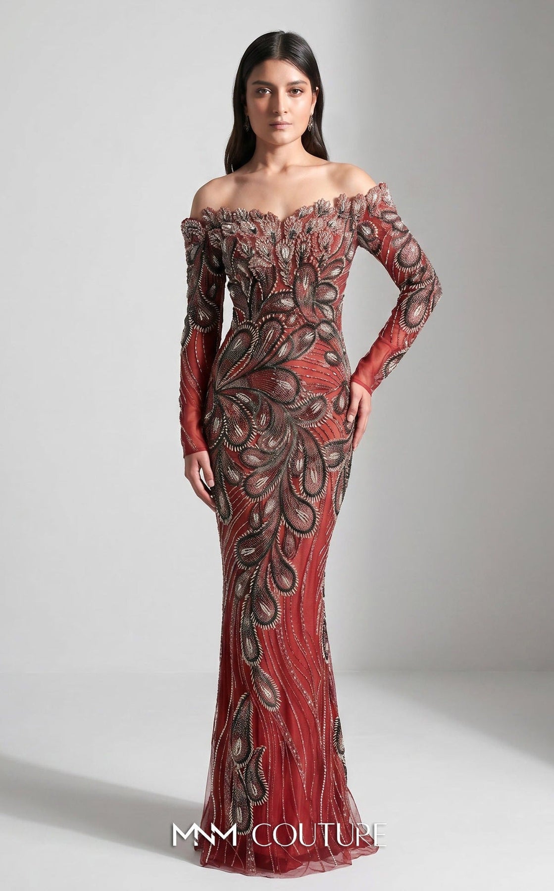 MNM COUTURE M1316 - Long Sleeve Off Shoulder Evening Gown