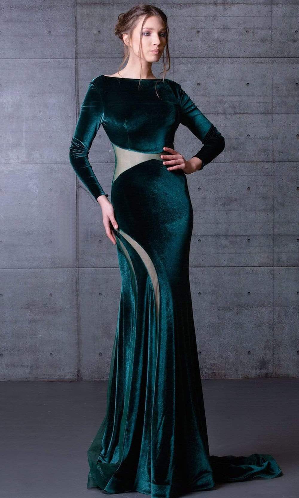 MNM COUTURE - N0068 Long Sleeve Velvet Long Dress Mother of the Bride Dresses