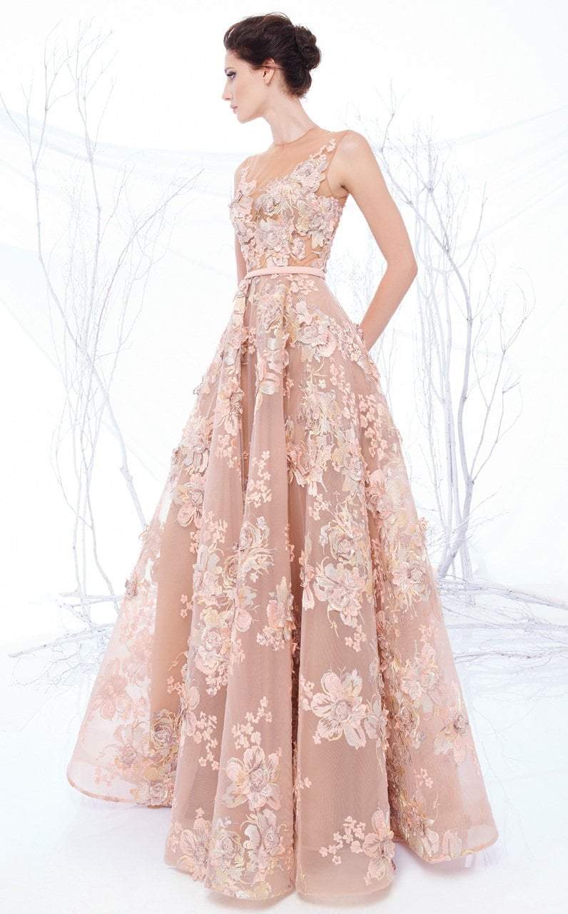 MNM Couture - N0194 Floral Embroidered Illusion Pleated Gown Special Occasion Dress