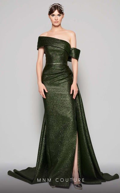 MNM Couture - N0356 Asymmetric Off-Shoulder Drape Train Evening Gown In Green