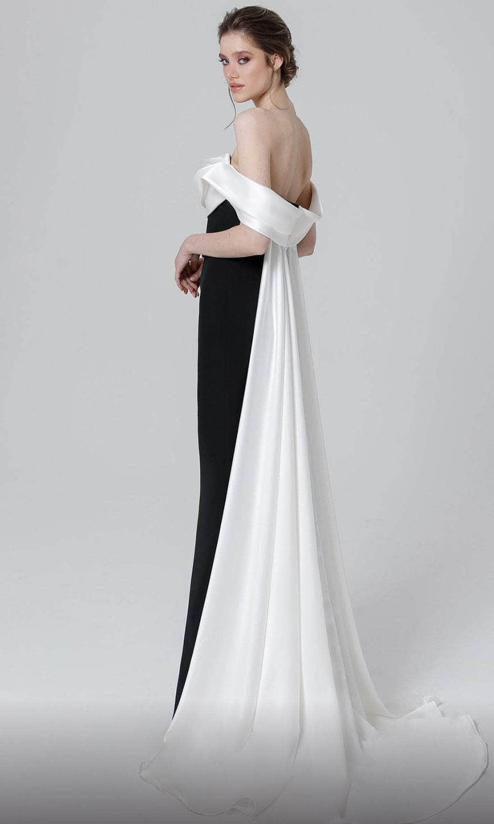 MNM COUTURE N0456 - Draped Off Shoulder Evening Dress In Black and White